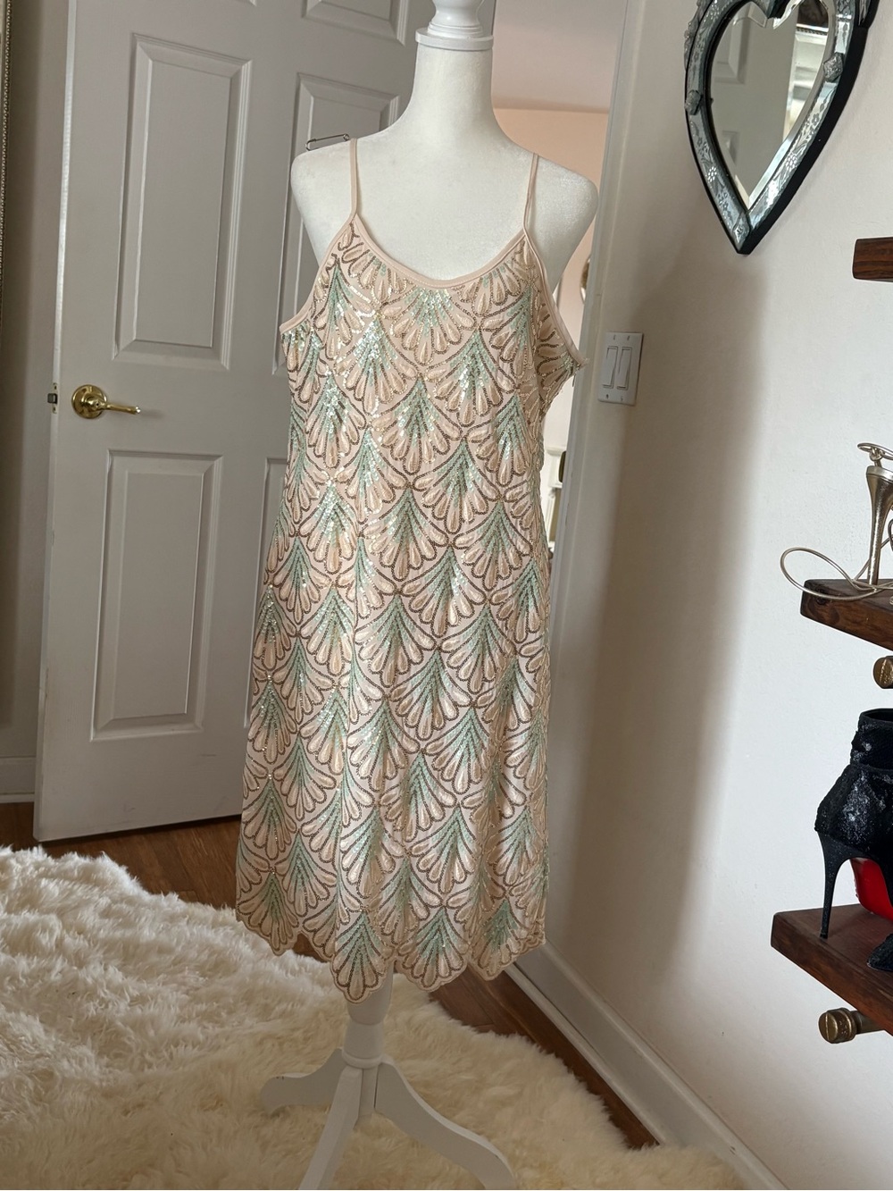 verty Peach Slip Dress with Mint Sequin Fan Pattern